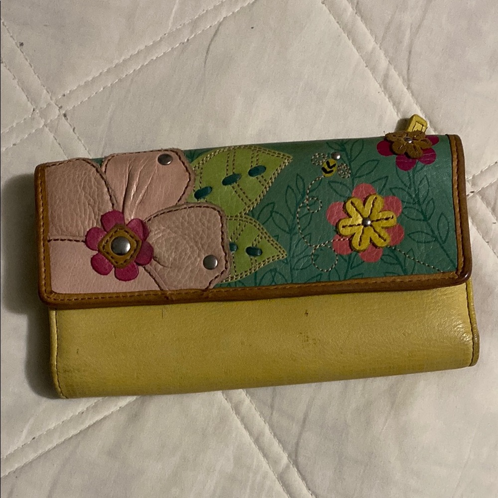 Vibrant Green and Yellow Wallet with Decorative Floral Accents